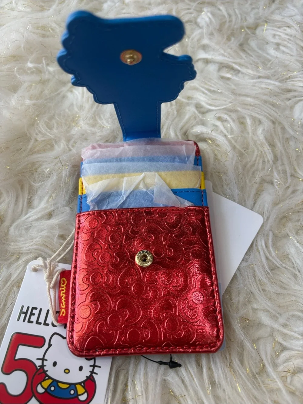 Hello Kitty Red Metallic Cardholder with Blue Accent and Yellow Bear